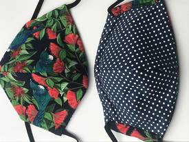 Tuis on Navy with Pohutukawa - White Polka Dots on Blue on Reverse - Reversible Limited Edition Face Mask